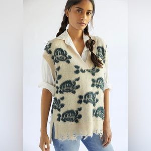 ANTHROPOLOGIE | Women’s Distressed Floral Sweater Vest Beige Size Medium